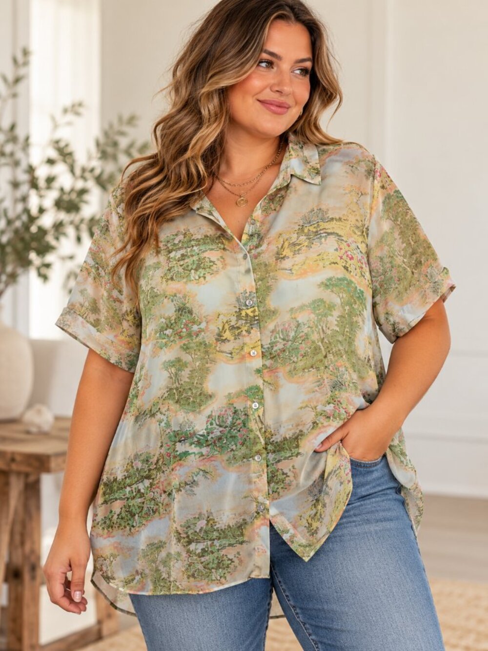 Rose and Olive Size 1X Button Down Blouse Top Scenery Watercolor Semi Sheer Pink